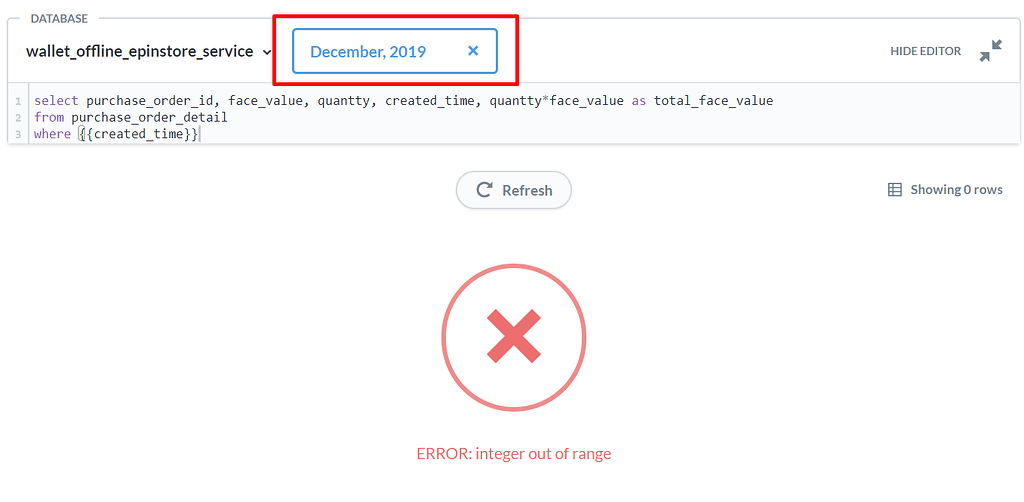  error integer out of range when change date range filter get help